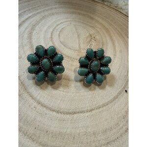 Artisan STERLING SILVER Large TURQUOISE CLUSTER Statement EARRINGS Southwest New